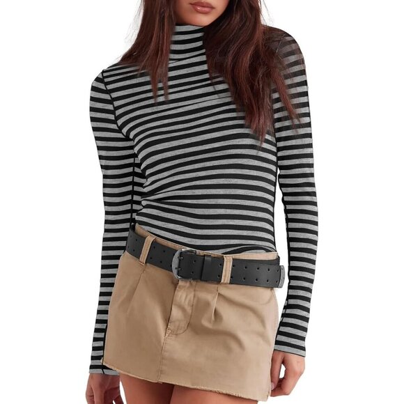 Tops - Women's Undershirts Light Grey Striped Long Sleeve Ribbed Slim Top Tees